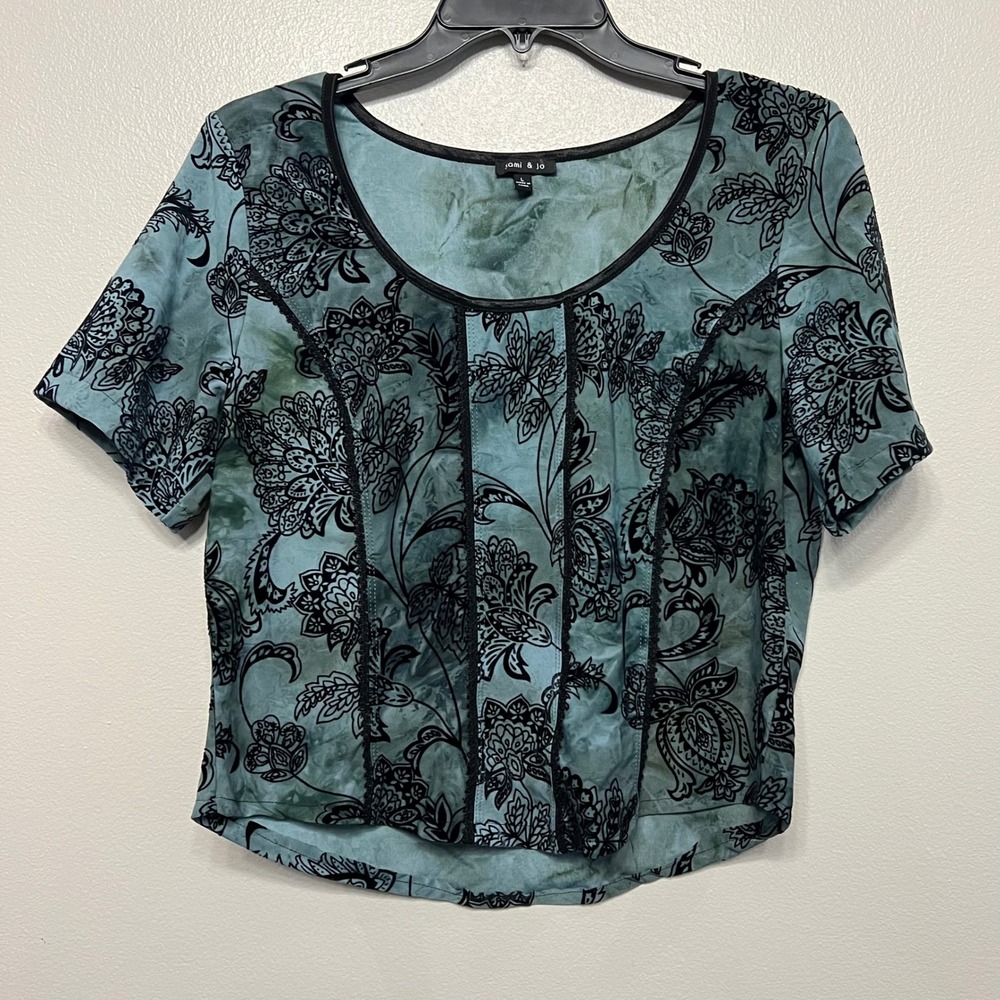 Sami & Jo Teal Tie Dye Black Velvet Flocked Floral Paisley Lace Trim Top Large